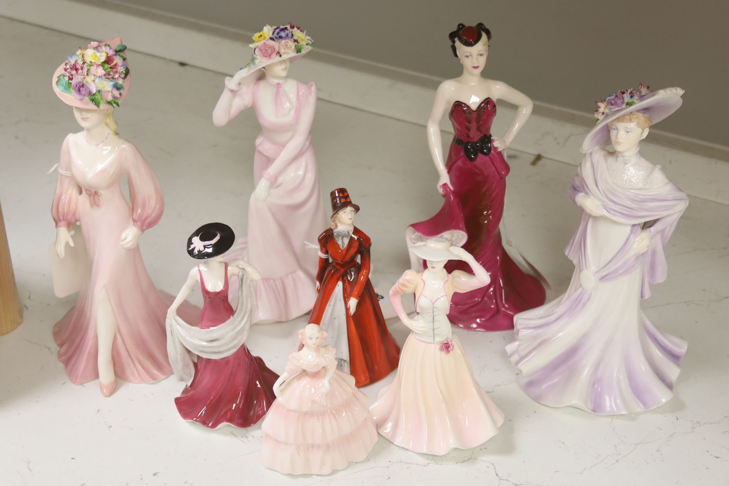 Eight Coalport bone china figurines, including three of 'The Ascot Lady' (1984-6)